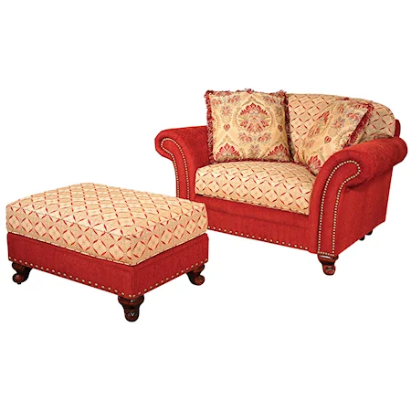 Traditional Chair and a Half and Ottoman with Nailhead Trim