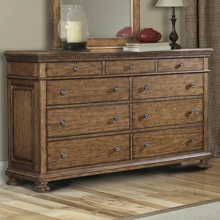 9 Drawer Dresser with Bun Feet and Dentil Molding Accents