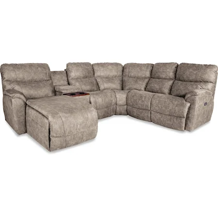 Five Piece Power Reclining Sofa with Right Sitting Tilt-Back Chaise and Cupholder Storage Console