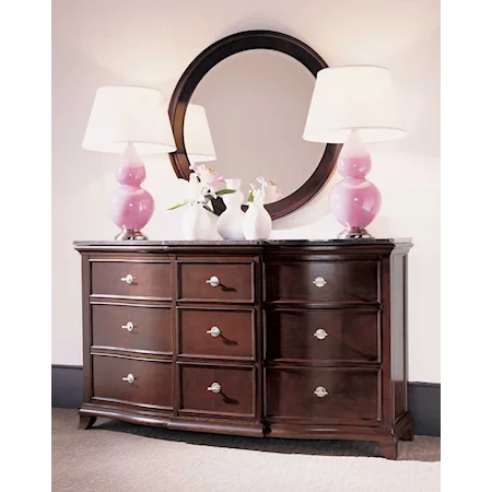Round Mirror and 37" Nine Drawer Dresser