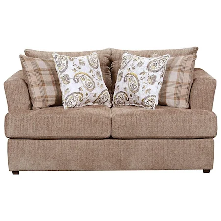 Stationary Loveseat with Tall Flared Arms and Farmhouse Accent Pillows