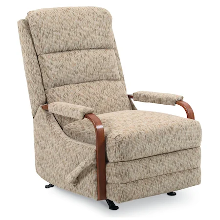 Transitional Swivel Rocker Recliner with Exposed Wood Arms