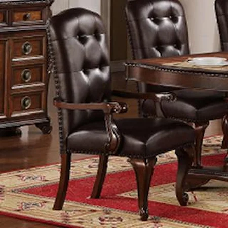 Traditional Dining Arm Chair with Brown Faux Leather Upholstery
