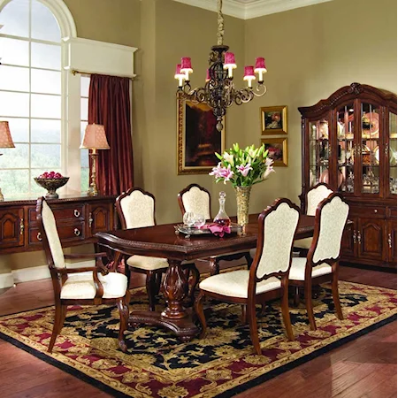 Pedestal Table with Six Upholstered Chairs