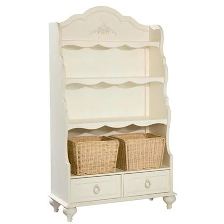 Victorian White Bookcase with Decorative Scalloped Aprons and Floral Motif Applique