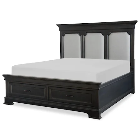 Transitional Upholstered King Bed with Footboard Storage Drawers