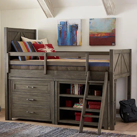 Casual Rustic Twin Mid Loft Bed with Dresser and Bookcase