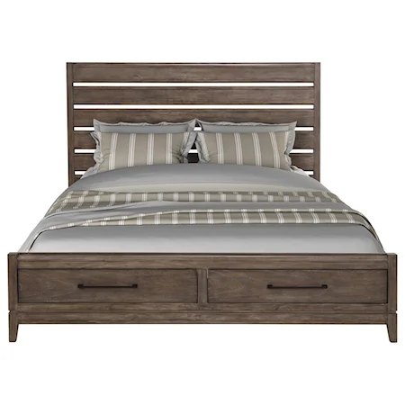 Transitional Queen Storage Bed with Built-In Headboard USB Chargers