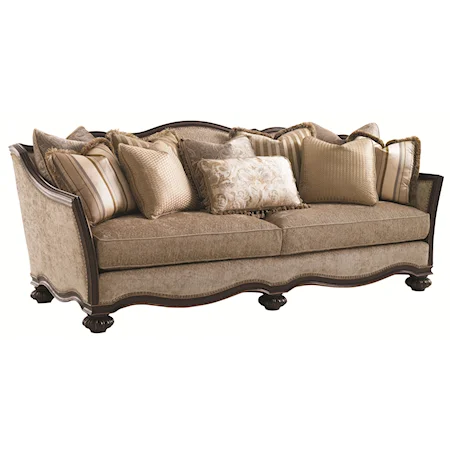 Ravenna Sofa with Serpentine Exposed Wood Frame and Fringed Accent Pillows