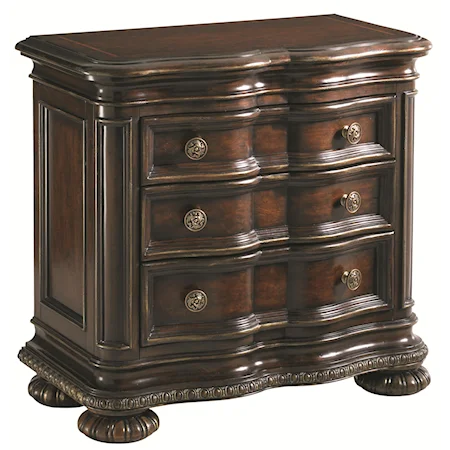 Serpentine Front Fine Wood Nightstand with Intricate Knobs and Detail Carving