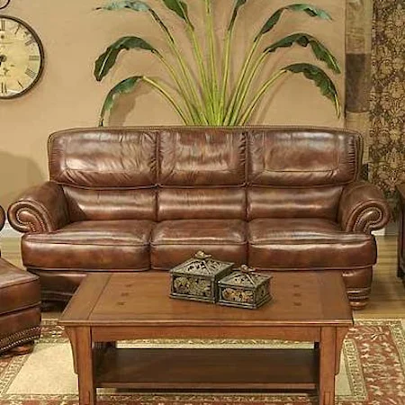 Transitional Warm Brown Leather Sofa with Nailhead Trim