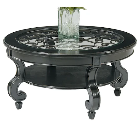 Round Cocktail Table with Inset Glass Top and Lower Shelf