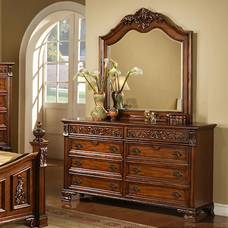Traditional Cherry 8-Drawer Dresser & Landscape Mirror Set