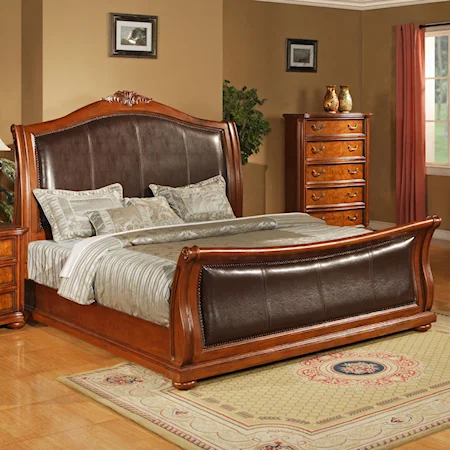 CA King Faux Leather Upholstered Sleigh Bed with Acanthus Leaf Carving