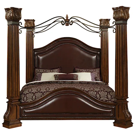 Queen Canopy Bed with Faux Leather Headboard, Wood Posts, & Metal Canopy