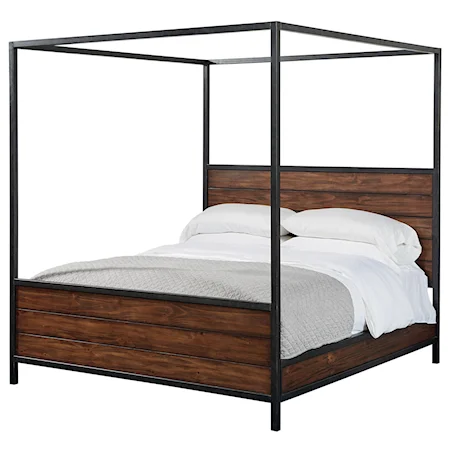 Queen Wood Plank Metal Canopy Bed with Milk Crate Finish