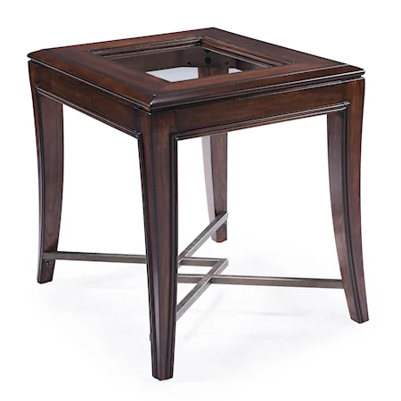 Transitional Glass Top End Table with Metal Stretcher