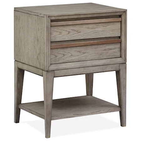 Contemporary 2-Drawer Nightstand with Felt-Lined Top Drawer, Open Shelf, and USB Port