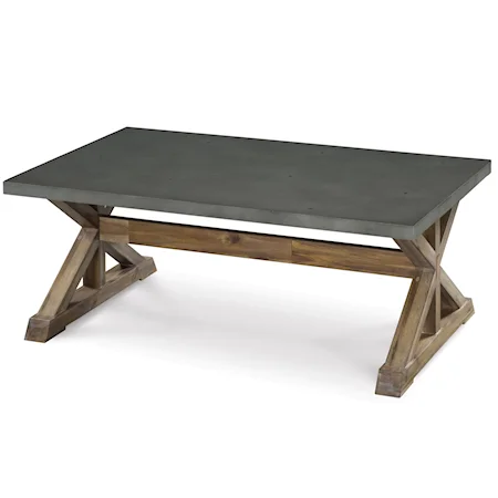 Rectangular Cocktail Table with Stone Top and Wooden Trestle Base