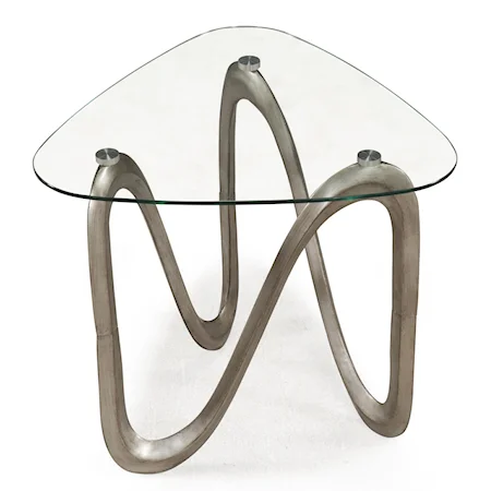 Shaped End Table with Twisted Metal Base and Tempered Glass Top