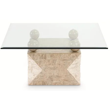 Square Coffee Table with Faceted Pedestal Base and Glass Top