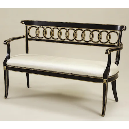 Rubbed Black Lacquer Finished Sofa Bench w/ Gilded Accents & Silk Upholstery