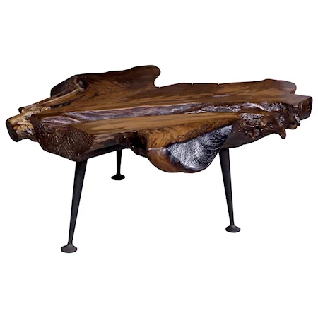 Rustic Live Edge Solid Teak Coffee Table With Cast Iron Legs