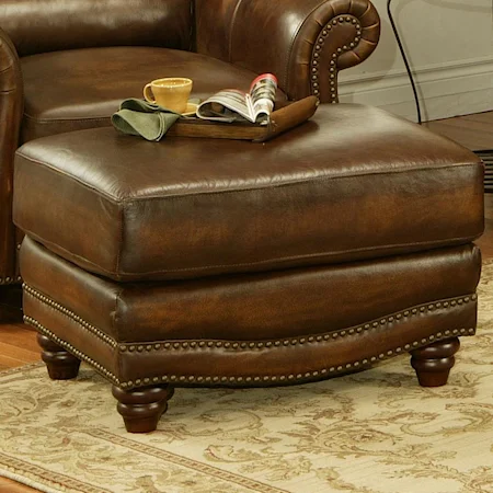 Leather Ottoman with Nailhead Trim and Exposed Wood Feet