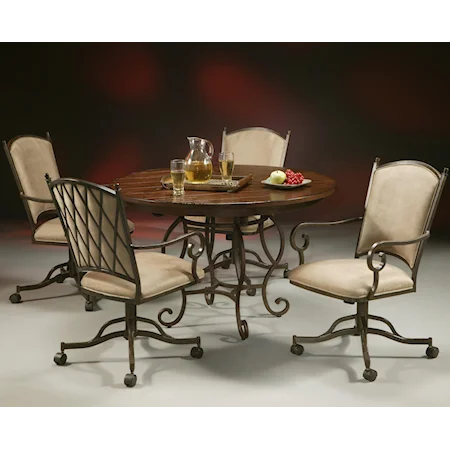 Five Piece Metal & Wood Pedestal Table with Caster Chairs Set