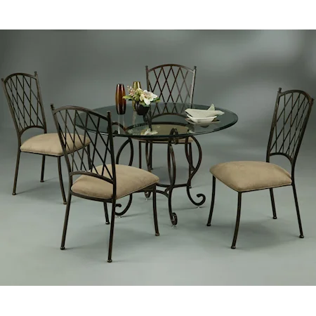 Five Piece Metal & Glass Pedestal Table with Side Chairs Set