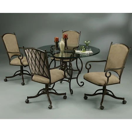 Five Piece Metal & Glass Pedestal Table with Caster Chairs Set