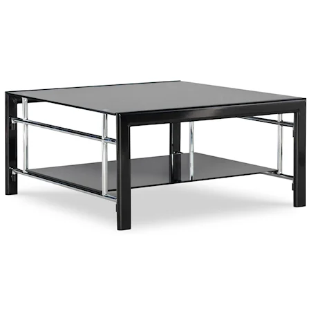 Contemporary Square Cocktail Table with Bottom Black Glass Shelf