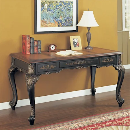 Black Writing Desk with Brushed Gold Highlights & Faux Cherry Top