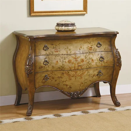 Bombe Shaped Burnished Maple & Floral Hand Painted 3-Drawer Hall Chest