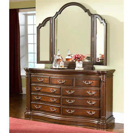 Cherry 9-Drawer Dresser and Tri-Fold Mirror Combo