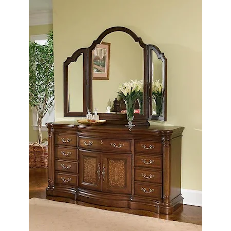 Cherry 9-Drawer, 2-Door Dresser and Tri-Fold Mirror