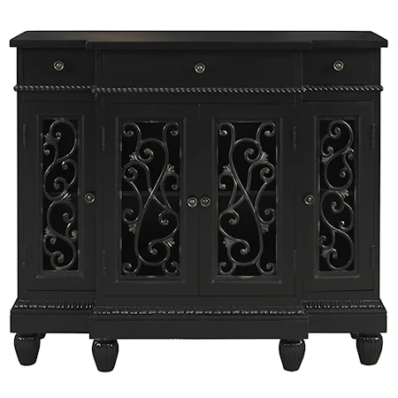 Black Rub-Through Breakfront Console with Scrollwork