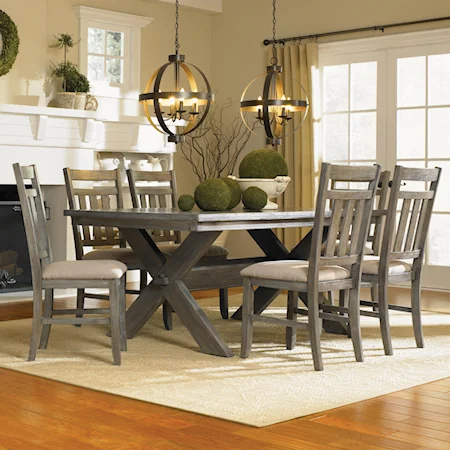 7 Piece Trestle Table & Upholstered Chair Set