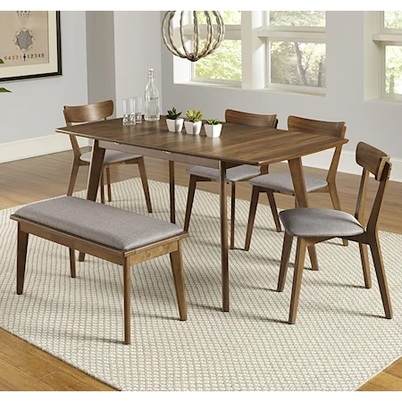 Mid-Century Modern 6-Piece Butterfly Table Set with Bench and Self-Storing Leaf