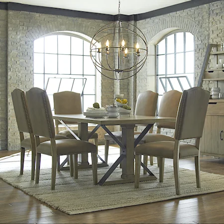 7 Piece Rectangular Table and Chair Set with Metal Trestle-Styled Supporting Legs