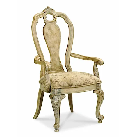 Carved Top Rail Arm Chair with Cabriole Legs and an Upholstered Seat