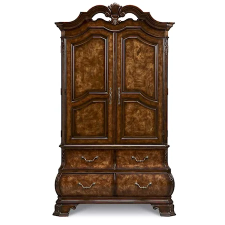Beautiful Two Door, Four Dovetailed Drawer, Two Tray Door Armoire with Antique Brass Finish Hardware and Bracket Feet