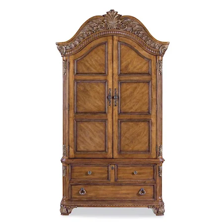 Beautiful Carved Crown Armoire Base and Deck with Antique Brass Finish Hardware