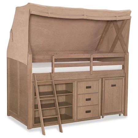 Twin Mid-Loft Bed with Tent, Chest, and Desk