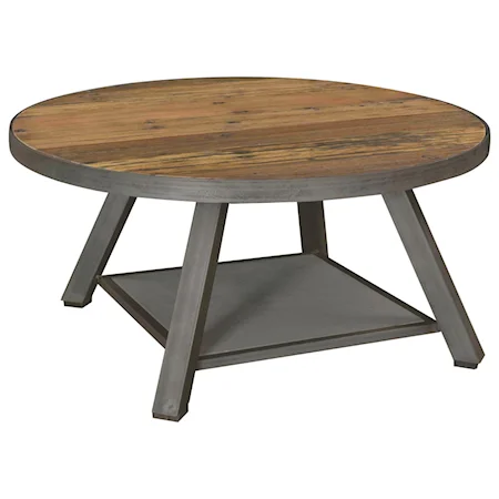 Industrial Round Cocktail Table with Reclaimed Wood Top