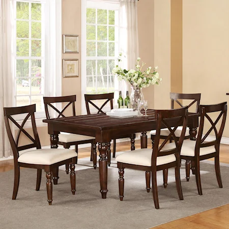 7 Piece Dining Set with Rectangular Table with Turned Legs and X-Back Chairs with Upholstered Seat