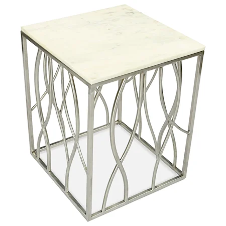 Transitional Square End Table with Marble Top and Stainless Steel Base