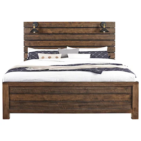 Rustic King Panel Bed with Built-In Lamps