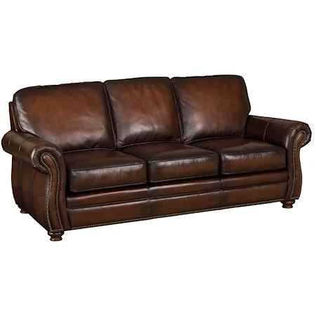 Brown Leather Sofa with Exposed-Wood Bun Feet