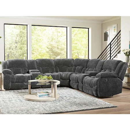 Casual Seven Piece Power Reclining Sectional Sofa with Four Cupholders